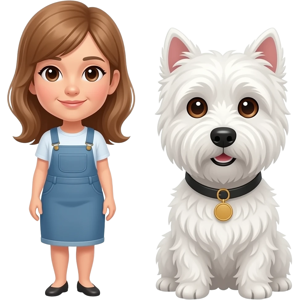 Middle age woman brown eyes , shoulder length light brown hair, with a female westie and a male westie emoji
