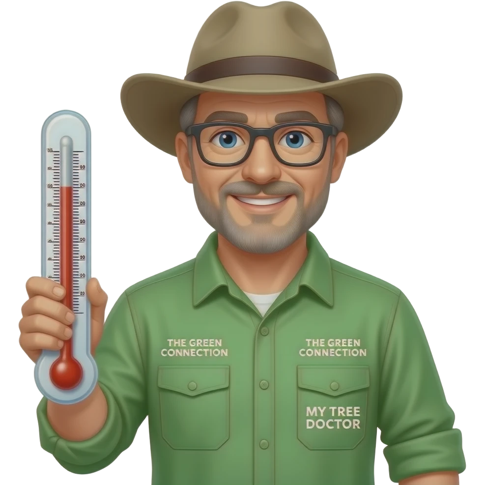 Smiling middle-aged man blue eyes. Dark rectangle glasses, in green-collared, long-sleeve shirt.  Flatter wider-brim Australian Akubru hat. Holding a large thermometre. Insert 'THE GREEN CONNECTION' in white directly onto the left pocket & onto the right pocket, place only the words 'MY TREE DOCTOR' emoji