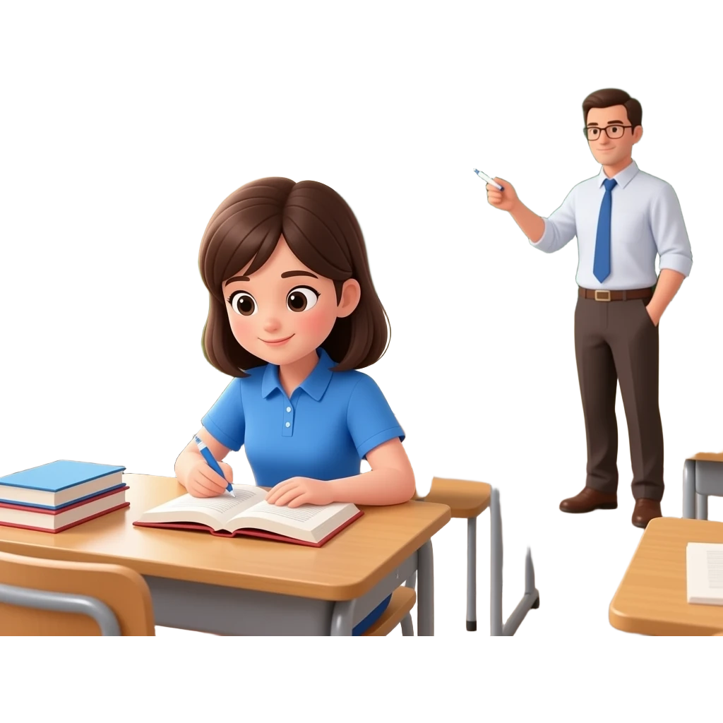 a girl in the class studying, teacher standing near the class board emoji