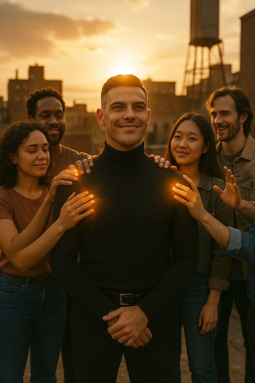 A cinematic scene of a man in his early 30s standing at the center of a sunlit urban rooftop during golden hour, surrounded by a diverse group of supportive, smiling people — friends, mentors, colleagues. They’re standing slightly behind or beside him, hands on his shoulder or gesturing toward him with encouragement. The man looks forward with a confident, inspired expression, body slightly relaxed, as if something inside di lui sta cambiando. The light behind the group forms a halo effect, emphasizing warmth and unity. Subtle visual symbolism: faint glow around their hands and hearts, suggesting their energy is uplifting him. Realistic clothing, modern style — jeans, T-shirts, casual jackets. The mood is inspiring, grounded, and full of potential. Shot in 35mm film style, with rich warm tones, shallow depth of field, and vibrant human detail. emoji