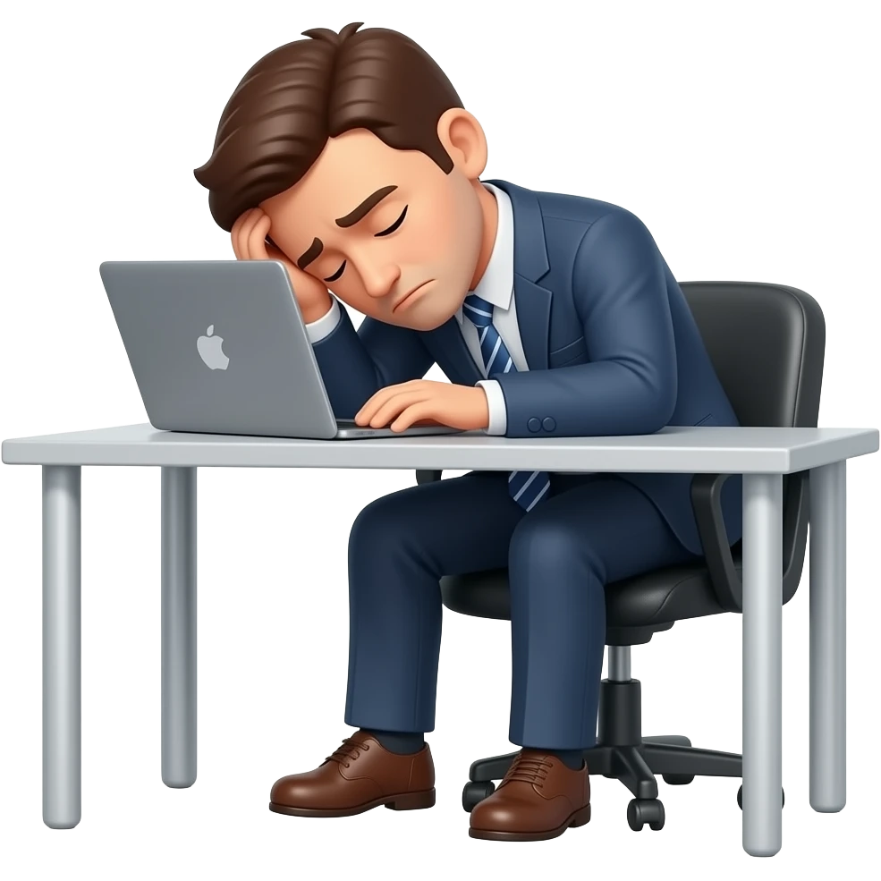 hombre con traje,exausto,sentado,reposandose en su escritorio,con laptop,primer plano emoji