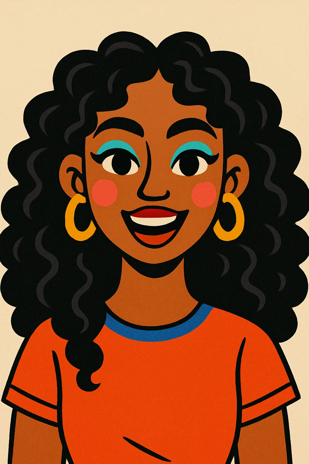 portrait of a young brown-skinned woman with long, abundant, curly black hair, brown eyes, colorful makeup, expressive face, neutral background emoji