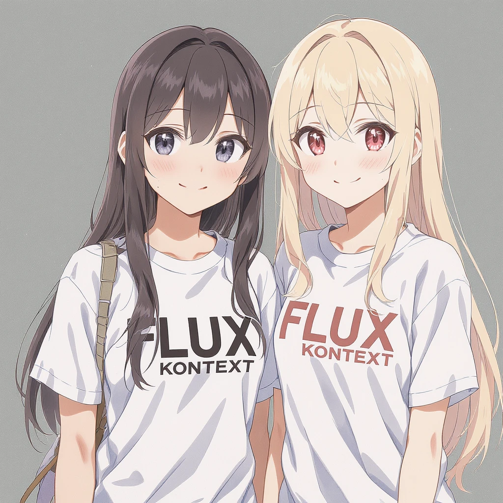 make a image of a girl with a anime version of that girl beside her wearing tshirt with text of FLUX Kontext emoji