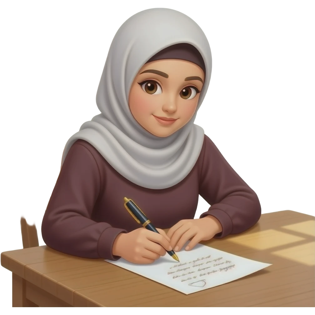 Hijabi girl writing letter on table emoji