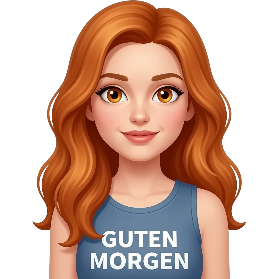 sexy girl with long ginger hair and ginger eyes a top with GUTEN MORGEN written on it emoji