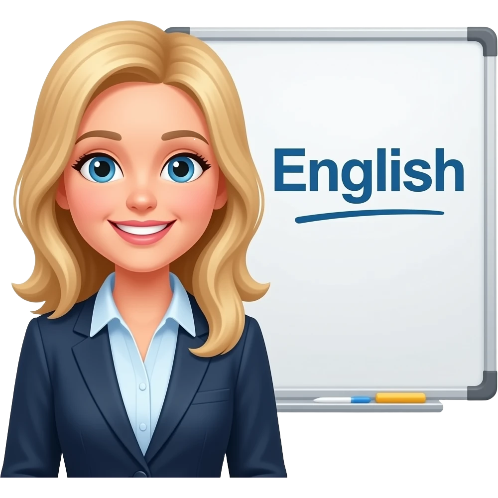 A white blonde young woman teacher smiling, behind her a white board with the word "English" emoji