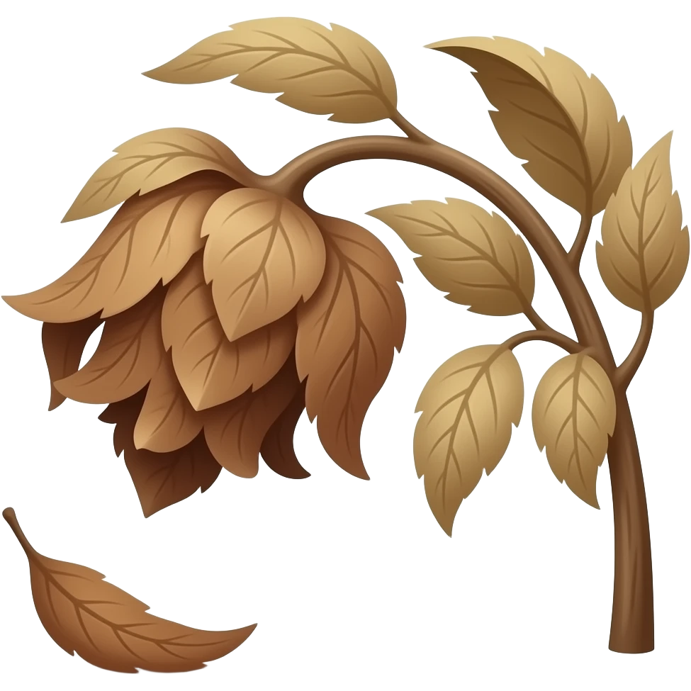 Wilted dead dark brown plant from the ground with leafs hanging and a leaf falling to the ground emoji