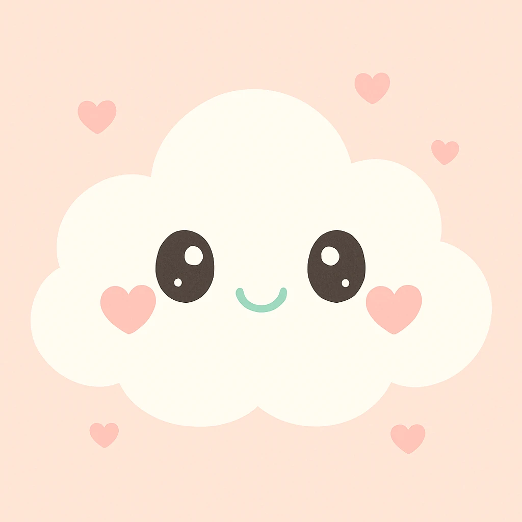 a white cloud with heart-shaped cheeks, pastel accents, sweet girly expression emoji
