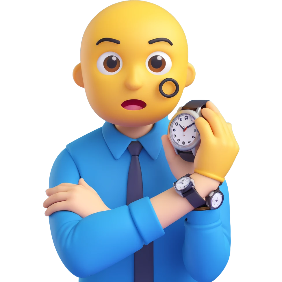 A yellow emoji face with a worried expression, looking at a wristwatch with raised eyebrows, showing urgency and stress emoji