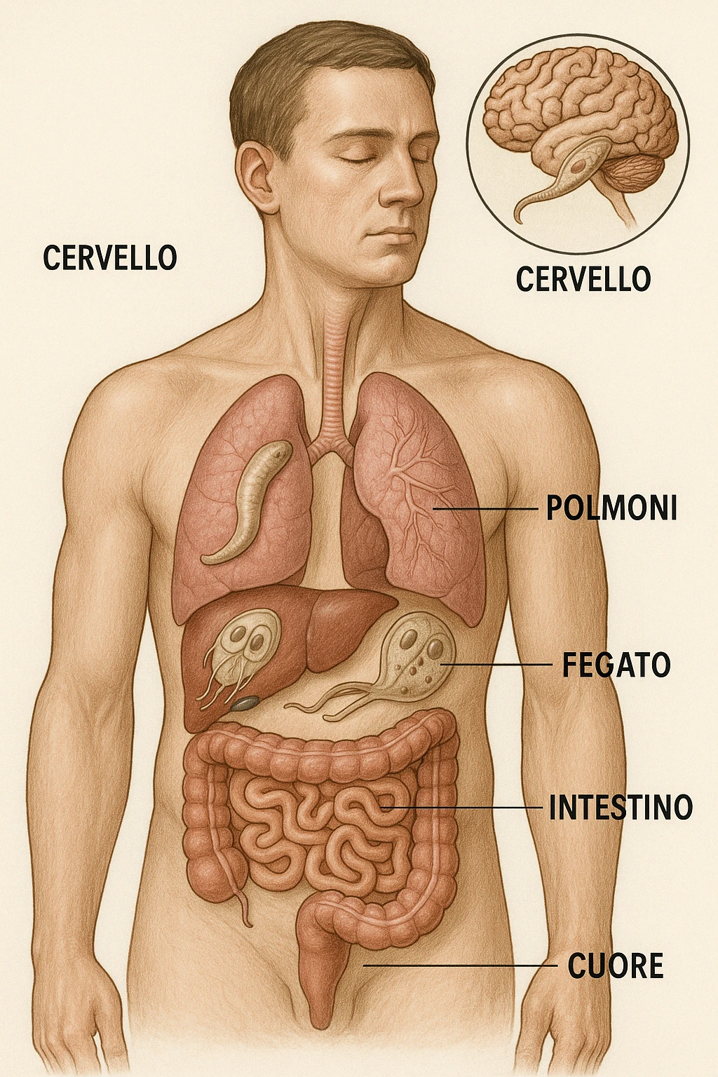 Parassiti che invadono tutti gli organi dentro il corpo umano di un uomo in italiano realistica emoji