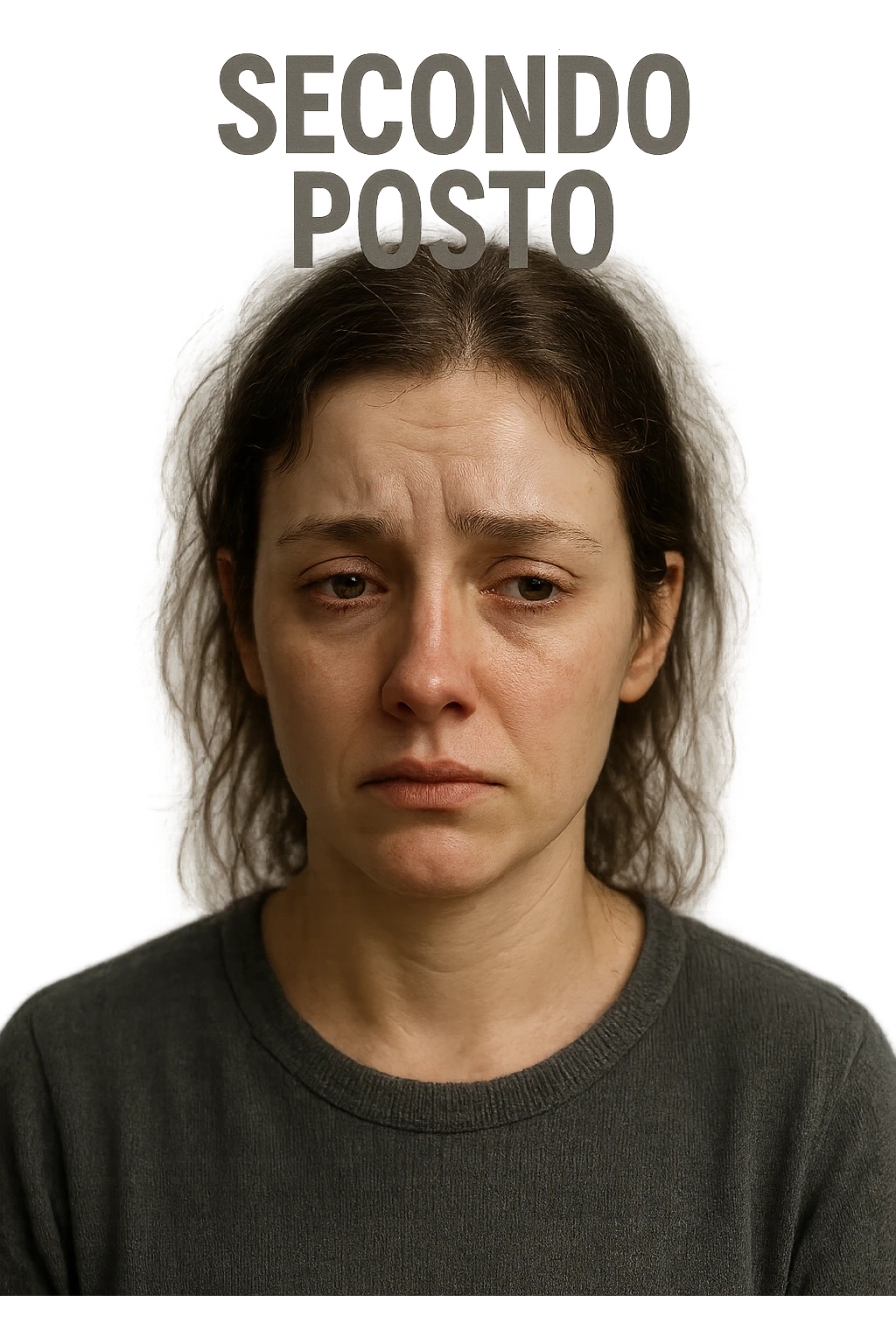 DONNA CON LA SCRITTA "SECONDO POSTO" SULLA TESTA, LEI HA L'ESPRESSIONE TRISTE, COME SE FOSSE SEMPRE SECONDA NELLA VITA, iperrealistico 4k emoji