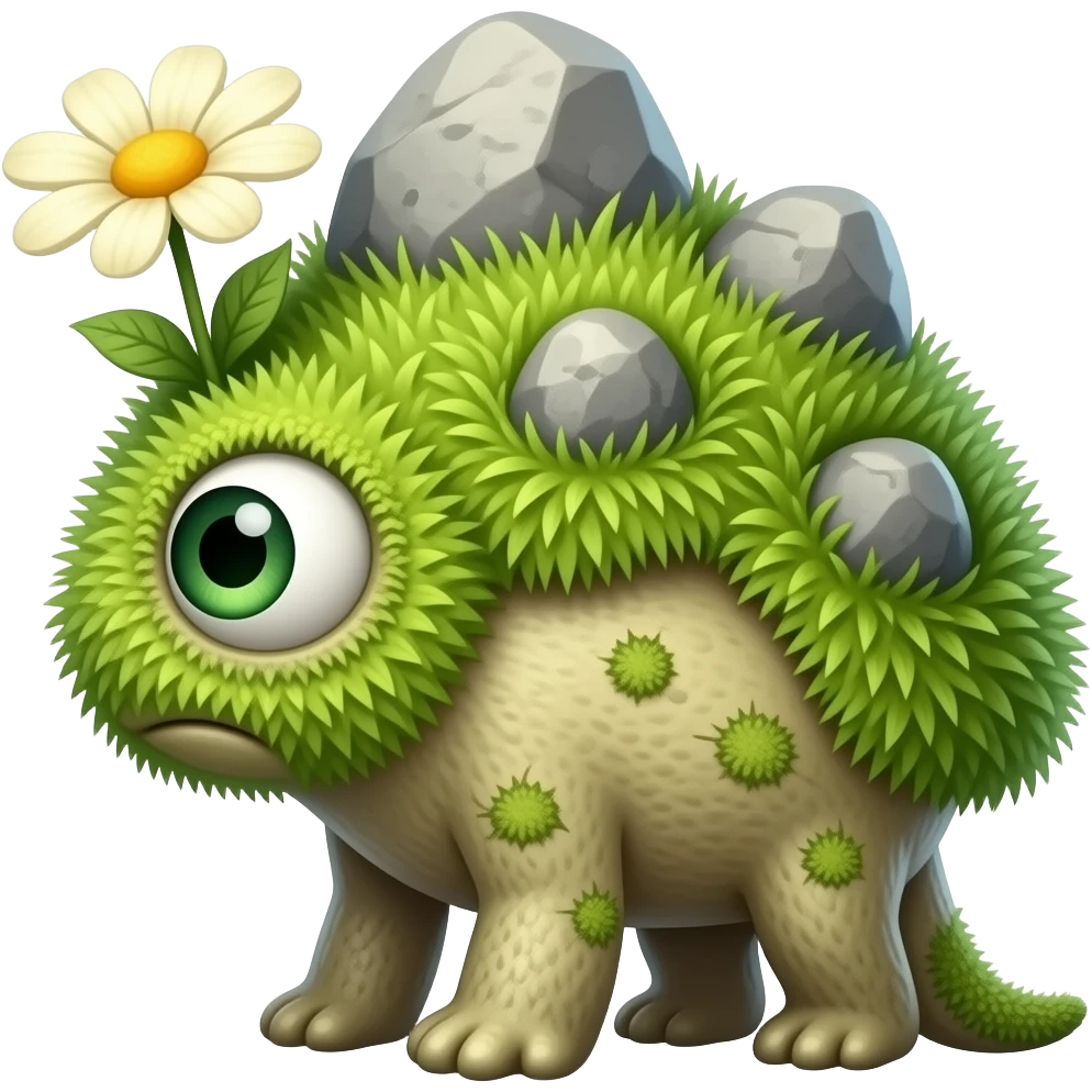 Weird mushroom creature small with rocks growing on its back with one shingle green eye with a flower growing on it with grass on its whole body emoji