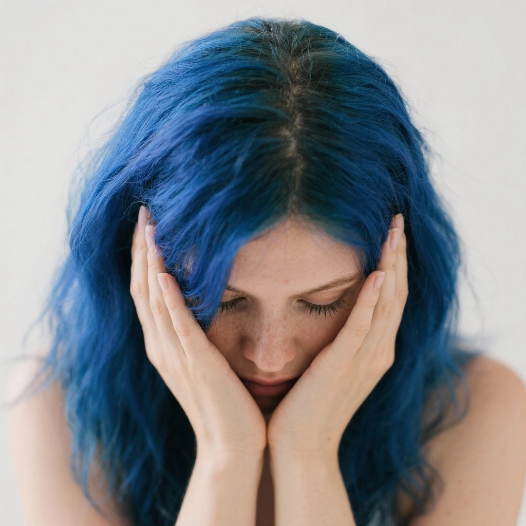 Woman with blue hair with her head in her hands emoji