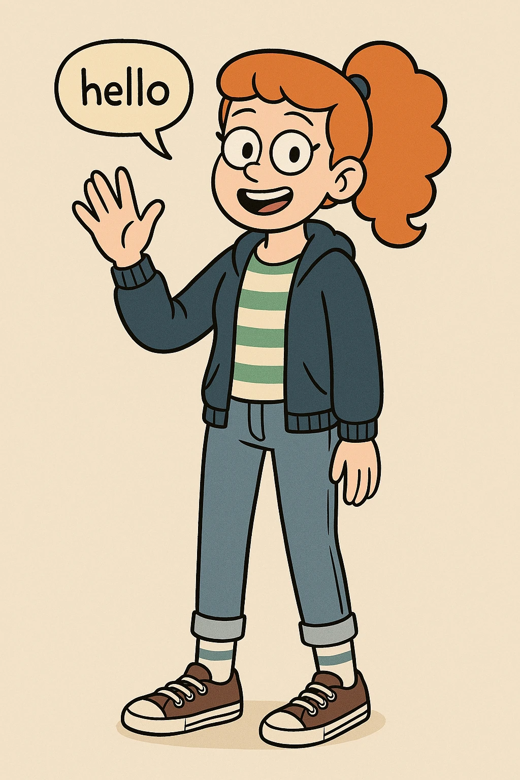 A girl Orange curly ponytail white green stripes ddre sshair jacket jeans blue sports striped socks brown converse women's chuck taylor all star shoreline slip on casual shoe wave and say hello emoji