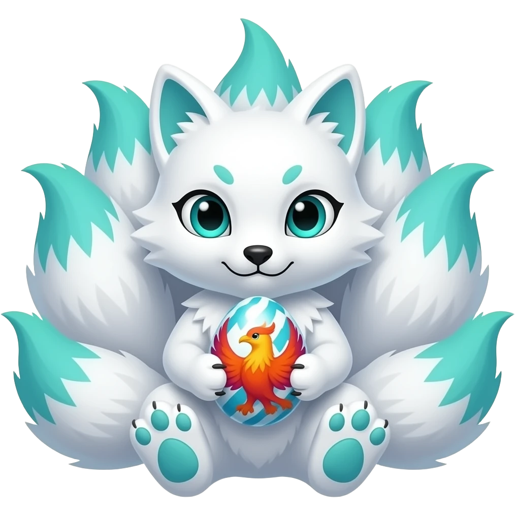 White with patterns blue green ombre tips and paws kitsune nine tails holding a Phoenix colorful egg emoji