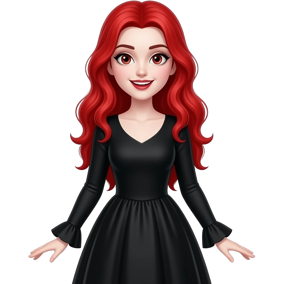 Vampiro femmina adolescente con la pelle bianca e i capelli rossi che indossa un vestito lungo e largo sotto nero e le maniche lunghe ed è felice emoji