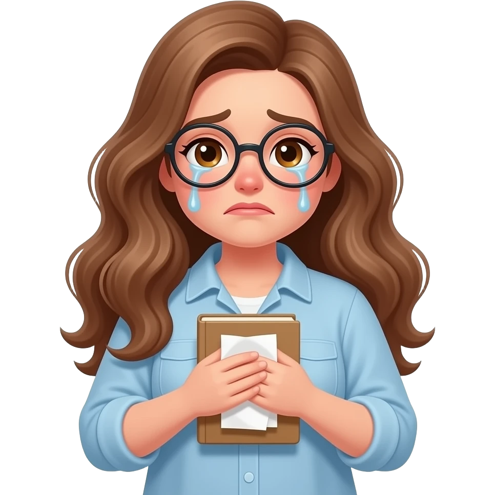 detailed emoji illustration of a curvy woman with long light brown wavy hair, light brown eyes and round glasses crying while holding a closed book to her chest and a tissu on her hands, emotional ending vibe, cute emoji style emoji
