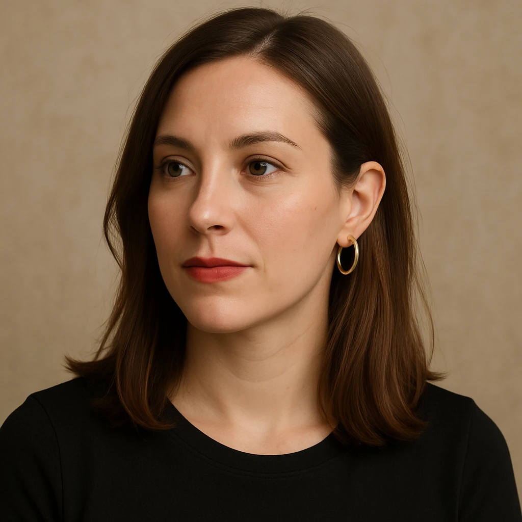 30 year old white woman, shoulder-length hair, brown eyes, left side of hair tucked behind ear, lipstick, hoop earrings, looking to the side, upper body portrait emoji