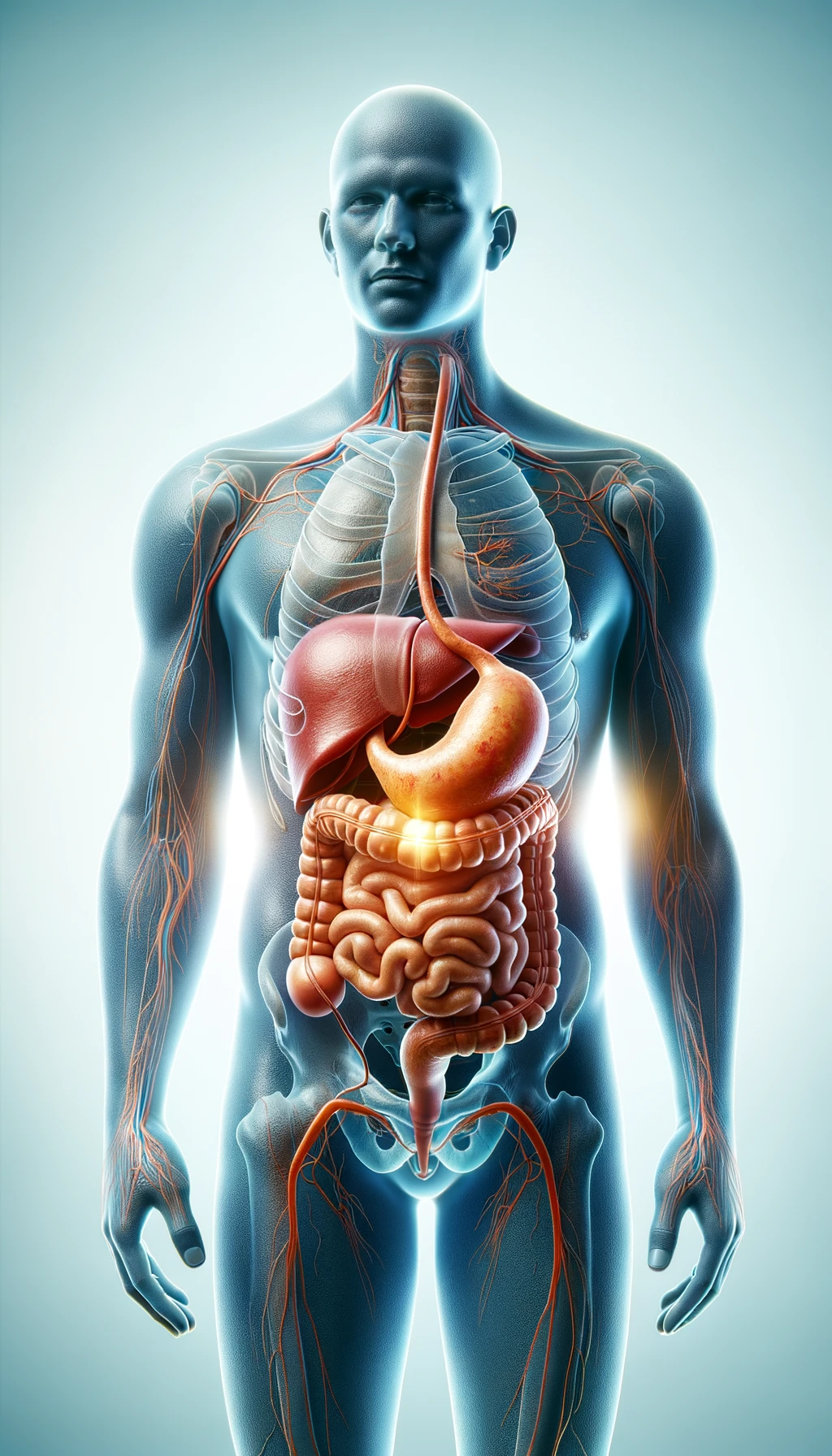 cistifellea umana anatomica realistica e intestino sono collegati nel dolore, sfondo chiaro emoji