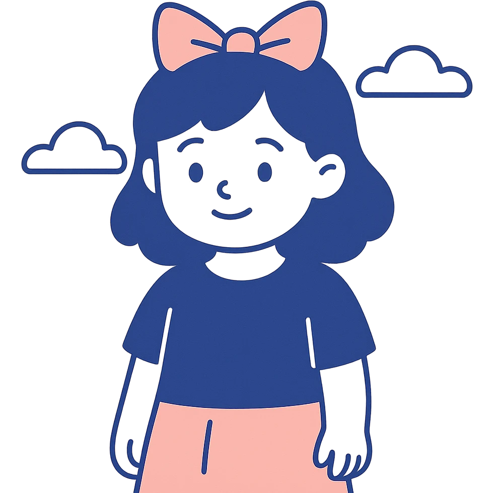 cute little girl wearing a pink ribbon on her head, simplified realistic drawing style, happy facial expression emoji