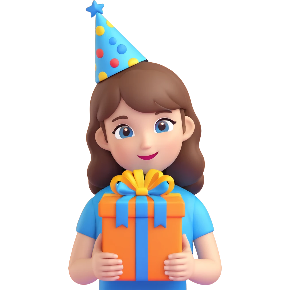 girl with brown hair and blue eyes, holding a present, wearing a birthday hat, 3D emoji style emoji