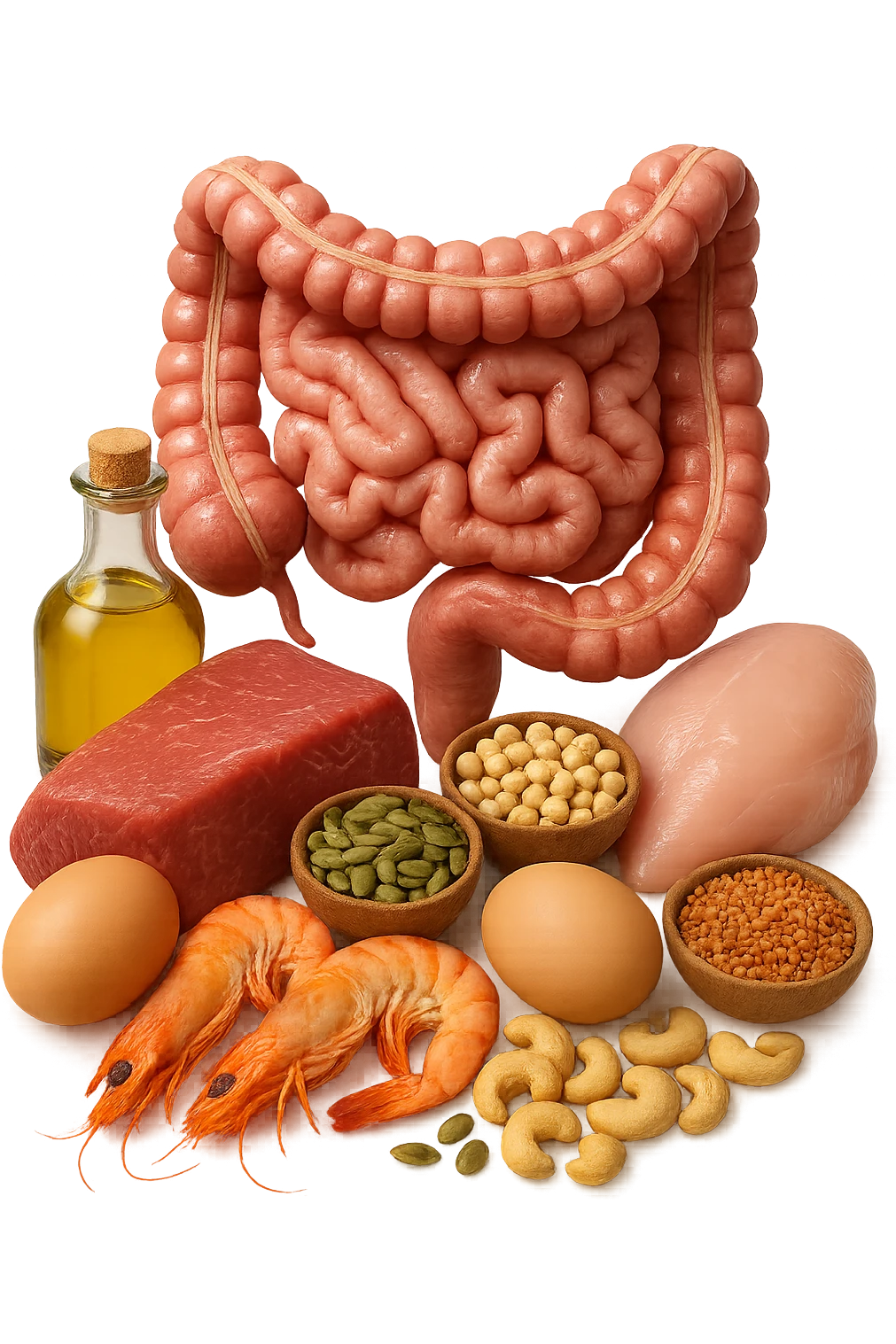 carne, uova, semi oleosi, legumi, crostacei insieme ad INTESTINO umanO realisticO, iperrealistici 4k emoji