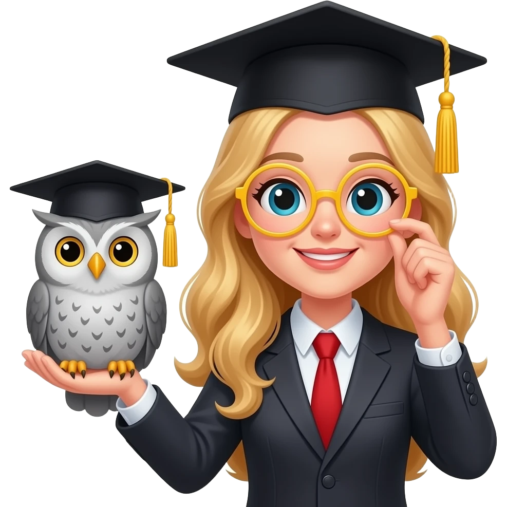 a teacher with long wavy blond hair with a grey owl in a black graduation cap with a yellow tassel and in round yellow glasses on the right hand emoji