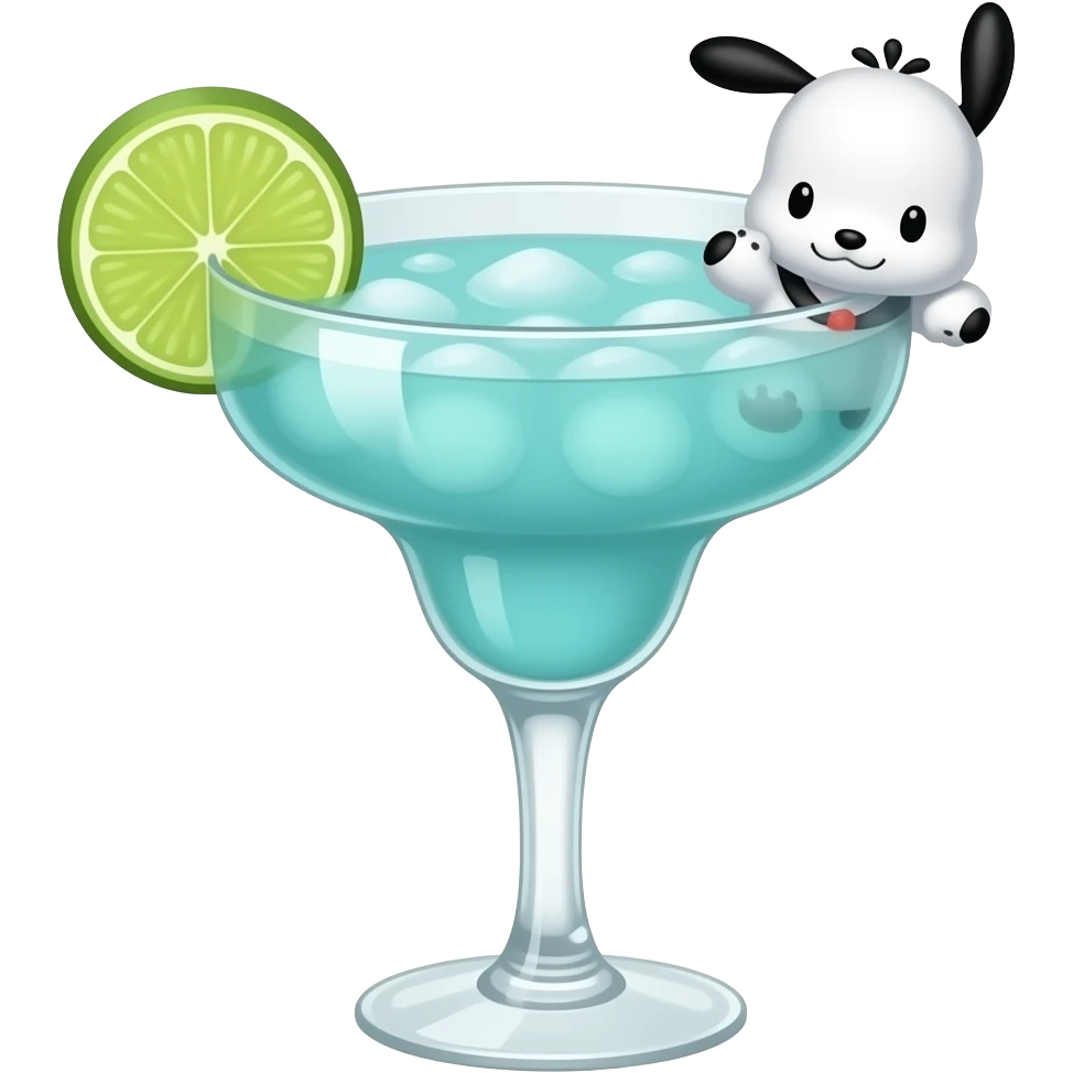 pochacco the sanrio character themed white and light turquoise colored cocktail in margarita glass with actual illustration of pochacco as a garnish emoji