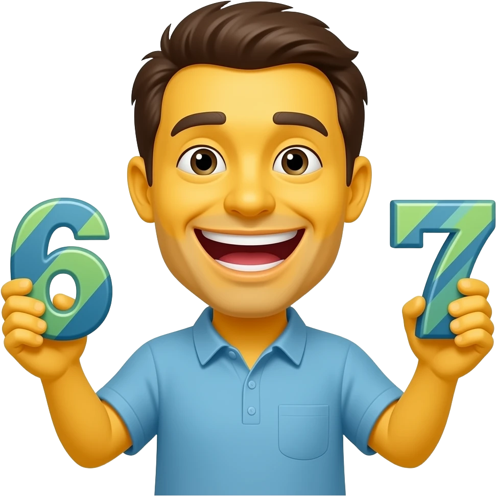 The classic yellow drunk emoji with a grinning face has two hands in front of it, with the number 6 in one hand and the number 7 in the other. The numbers are also the classic emoji numbers. emoji