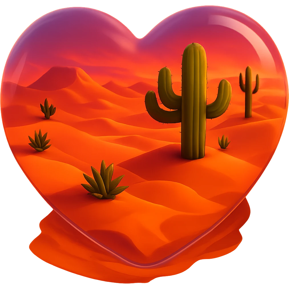Add a vivid sunset sky inside the transparent glass heart, featuring warm orange and pink hues above the desert scene. Maintain the glass effect and ensure no background is present. emoji