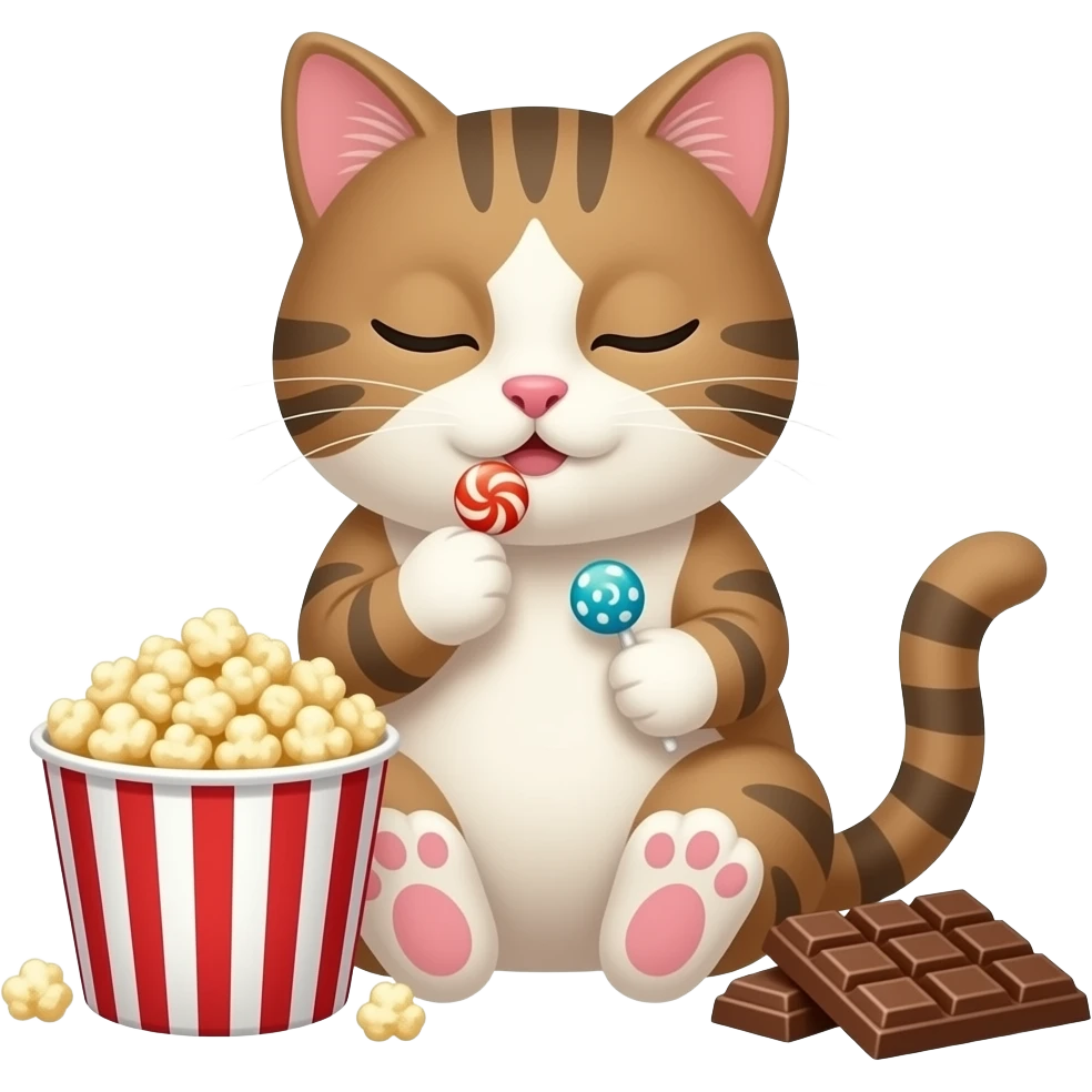 a sleepy eyed cat enjoying snacks and candy emoji