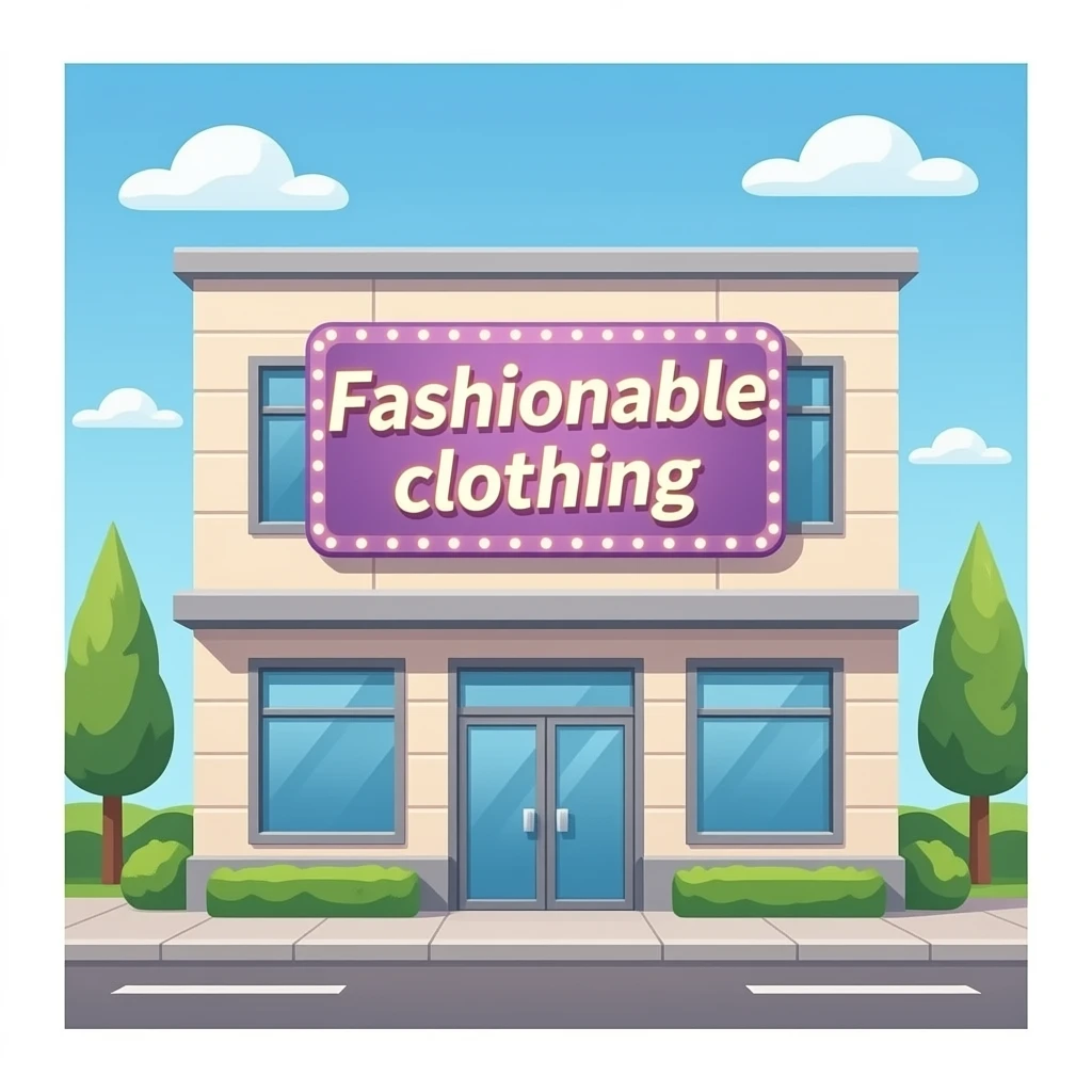 一栋现代美容院大楼，正面悬挂着一块时尚的发光招牌，上面写着“Fashionable clothing” emoji