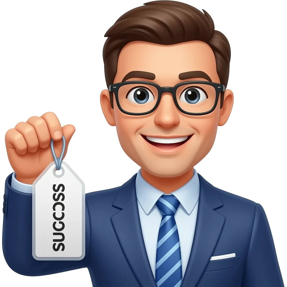 man holding sucess tag, happy emoji