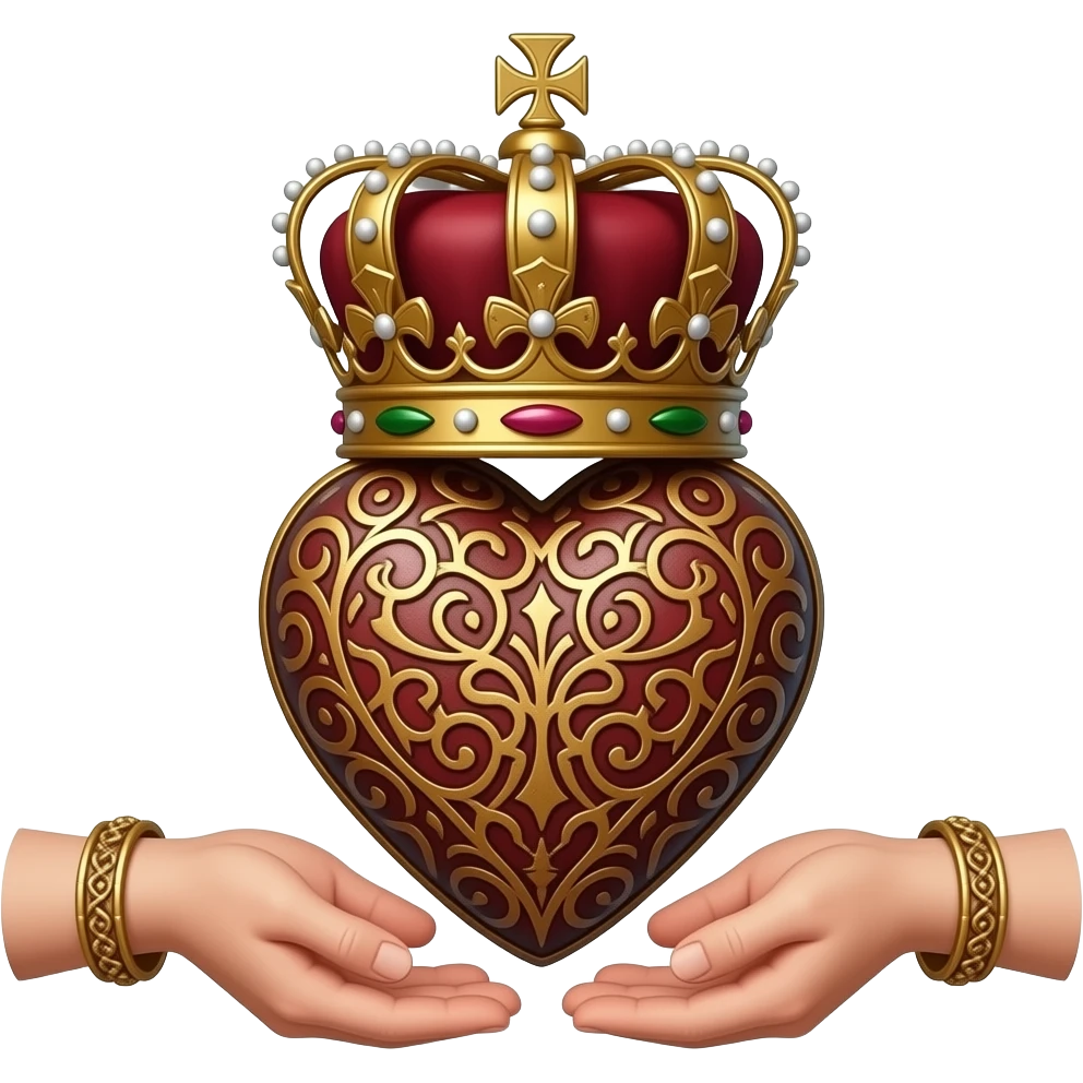 two elegant  hands with bronze bracelets touch with their fingers a rusty heart richly ornamented with arabesques with a richly decorated royal crown,  (fingers are facing down and palms are facing up)   - dramatic lighting - backlight emoji