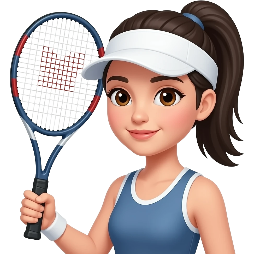 Dark pony tail, visor. Tennis racket, brown eyes emoji