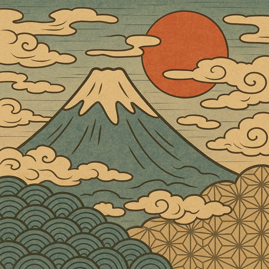 mount fuji with clouds and a red sun, ukiyo-e style emoji