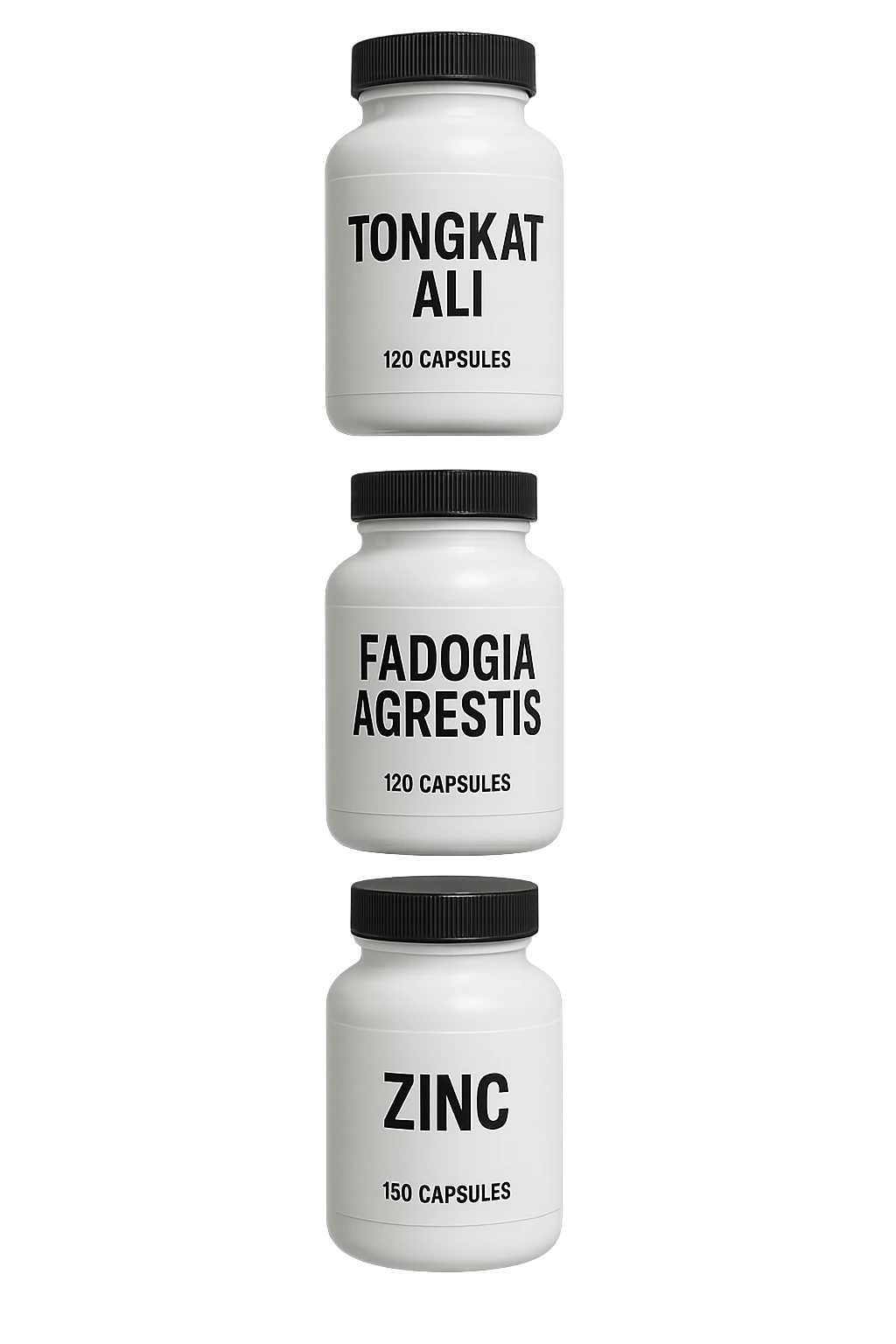 4 boccette di integratore: Tongkat Ali, Fadogia Agrestis, Boron e Zinco fluttuano in aria verticalmente emoji