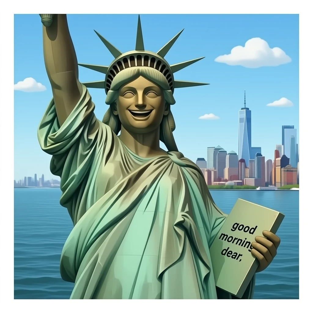 statue of liberty laughing and has a writing on the book "good morning dear" emoji