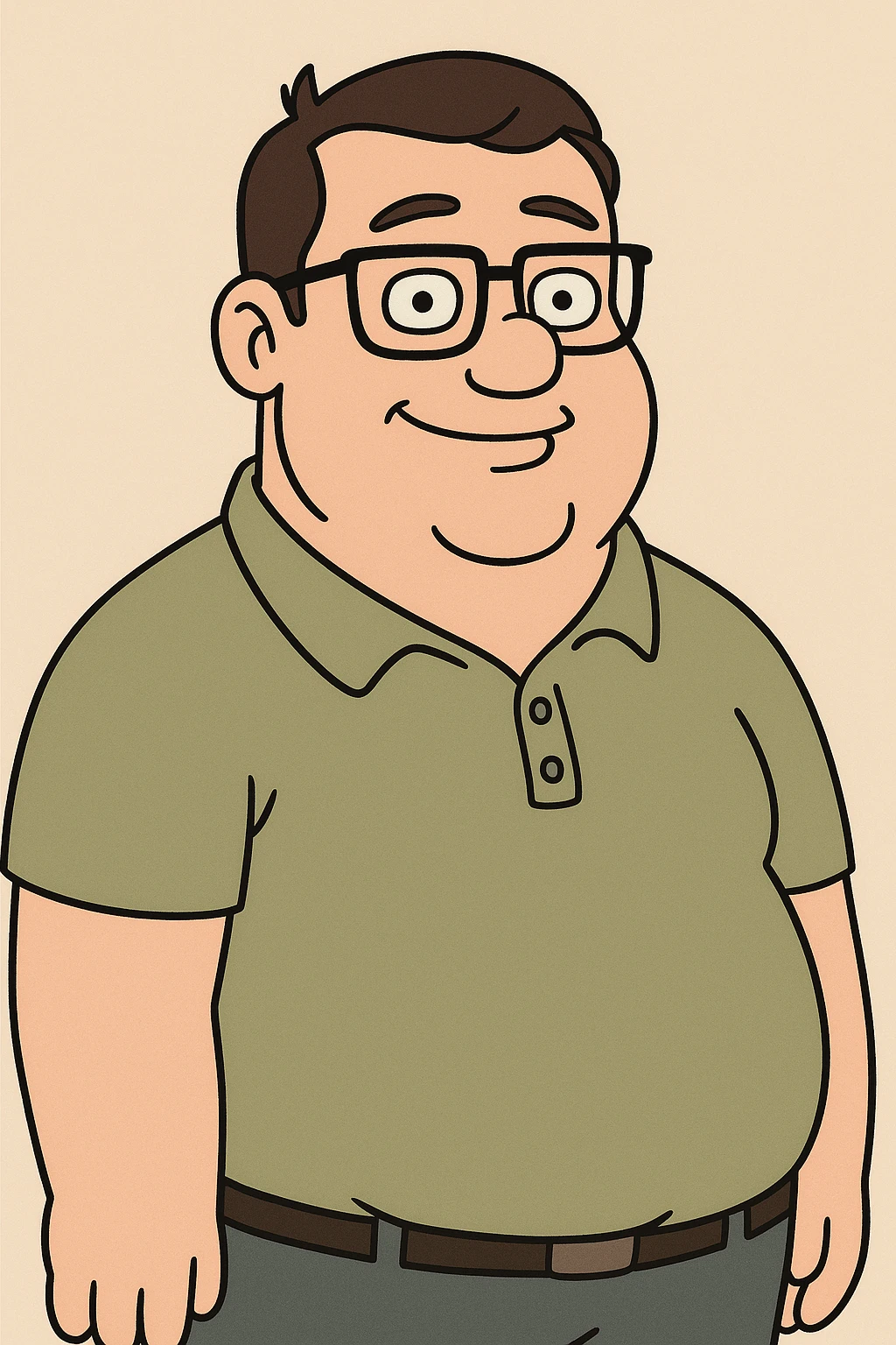 cartoon style male with short dark brown hair, glasses, stocky, greeny blue eyes, friendly expression emoji