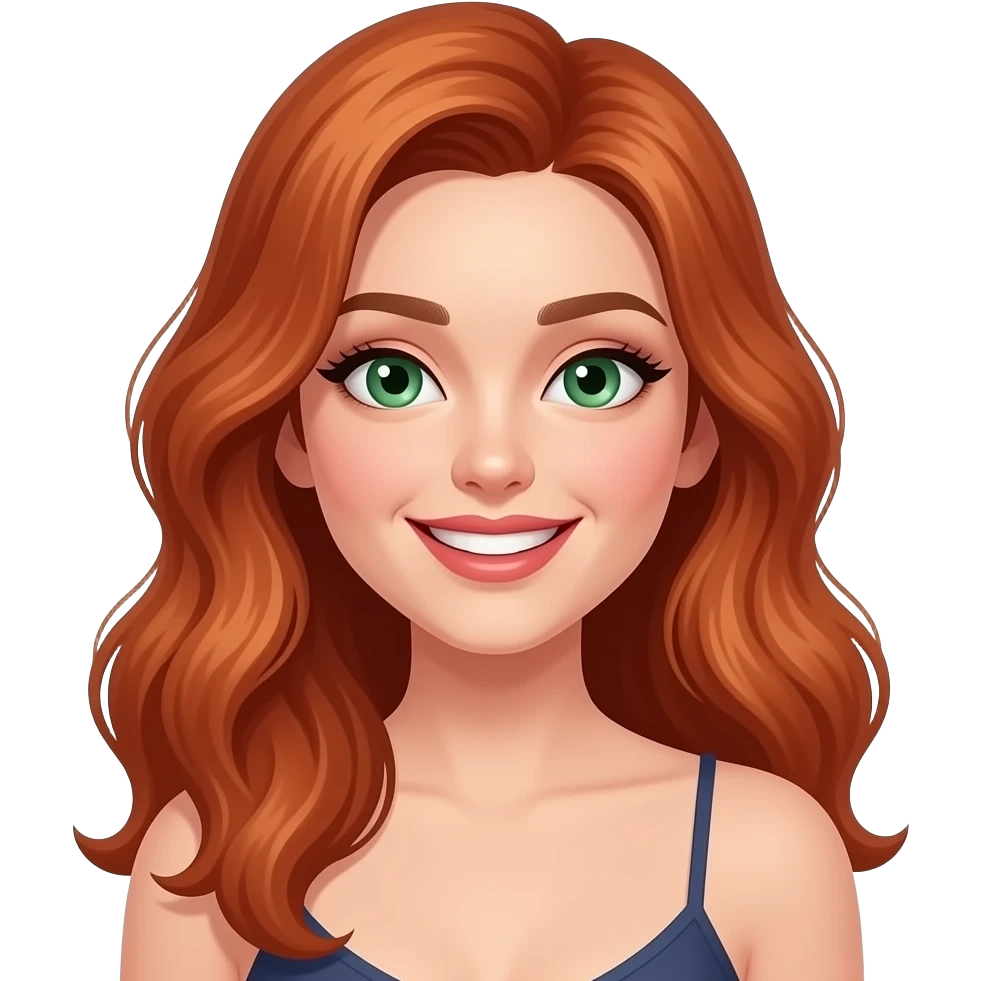 jeune femme rousse, yeux verts, cheveux longs ondulés, grand sourire charmeur, maquillage, botox, camisole emoji