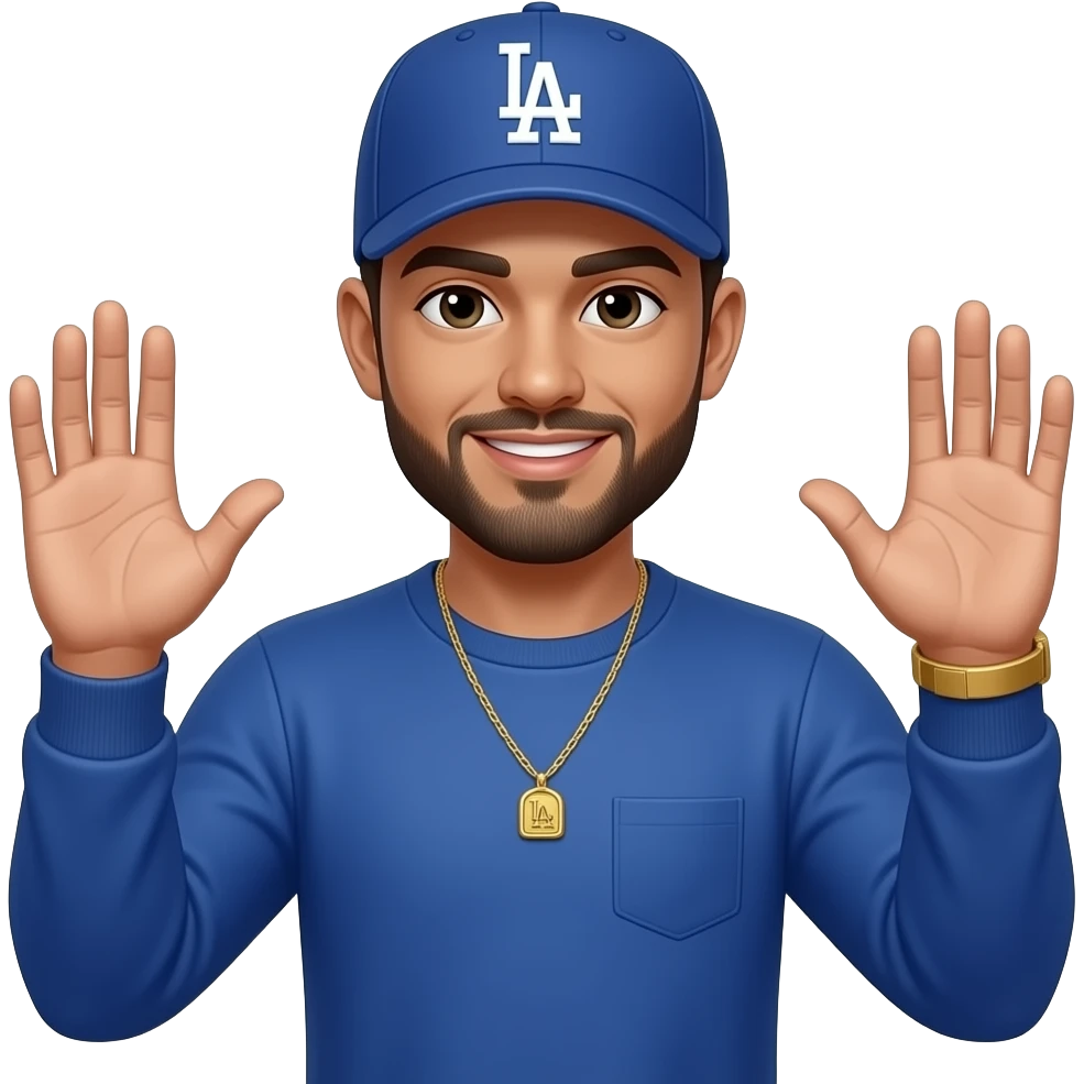 Man with beige skin tone and lightly shaved black beard wearing a blue Los Angeles Dodgers logo baseball cap wearing a long sleeve blue shirt wearing a gold tennis necklace and a gold wrist watch with his hands up emoji