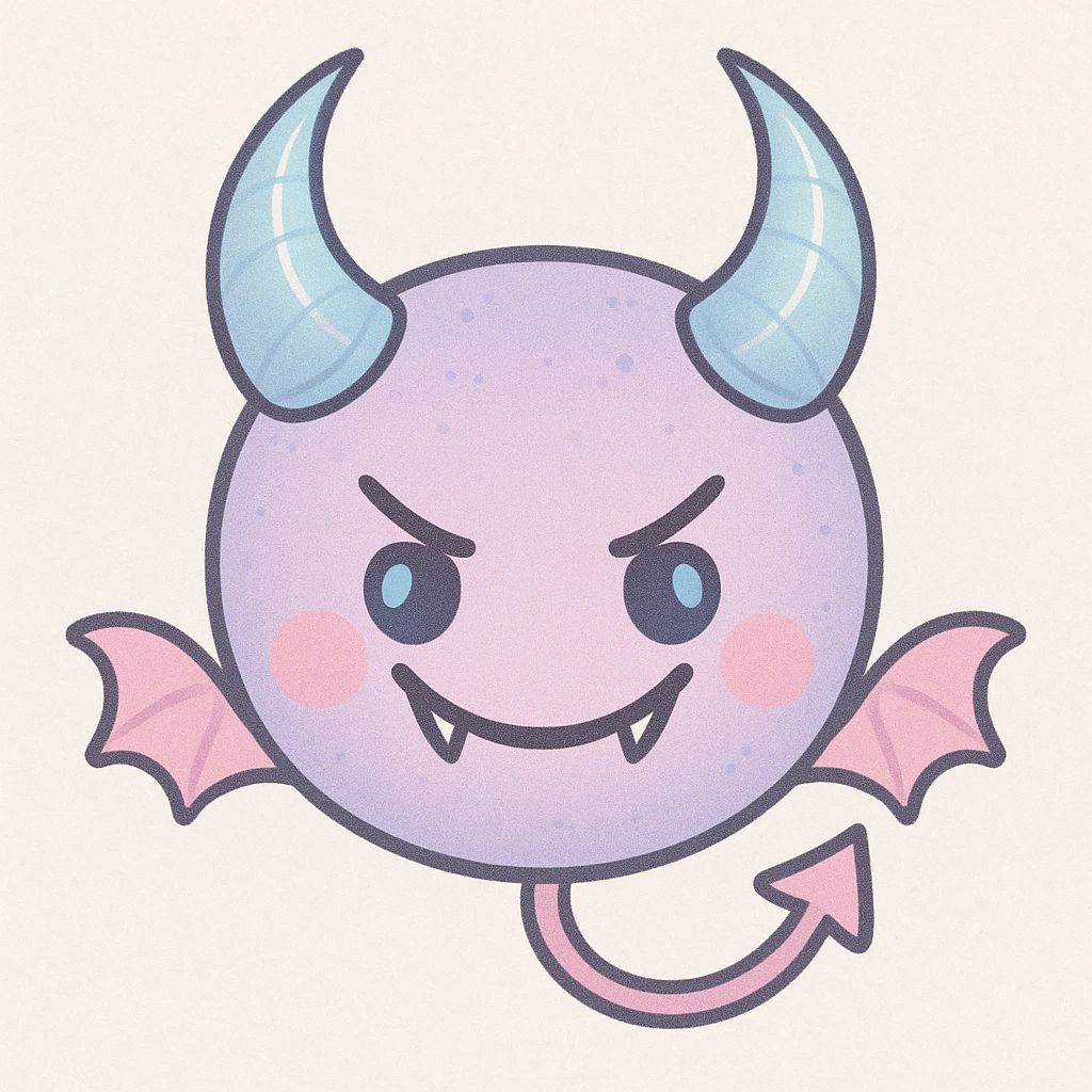 devil emoji, chibi style, pastel palette with baby blue and pink colors, elegant horns, sinister smile emoji