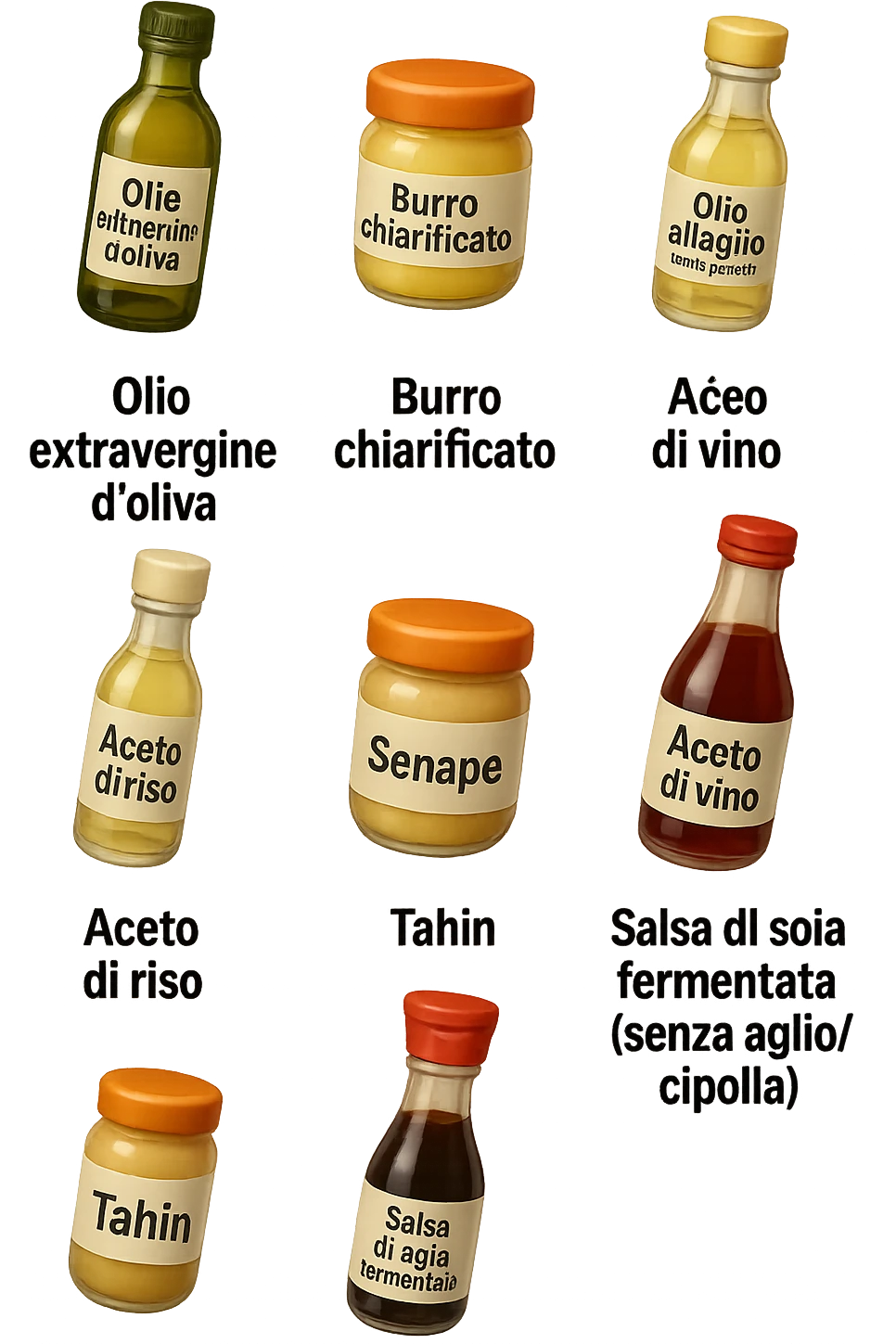 emoji stile iphone 3d di questi elementi che fluttuano in aria sparsi casualmente:

Olio extravergine d’oliva, burro chiarificato
Olio all’aglio (senza pezzetti)
Aceto di vino, aceto di riso, senape, tahin
Salsa di soia fermentata (senza aglio/cipolla)


 che fluttuano sparse casualmente in aria, le etichette dei prodotti scrivile in italiano, iperealistico 4k emoji