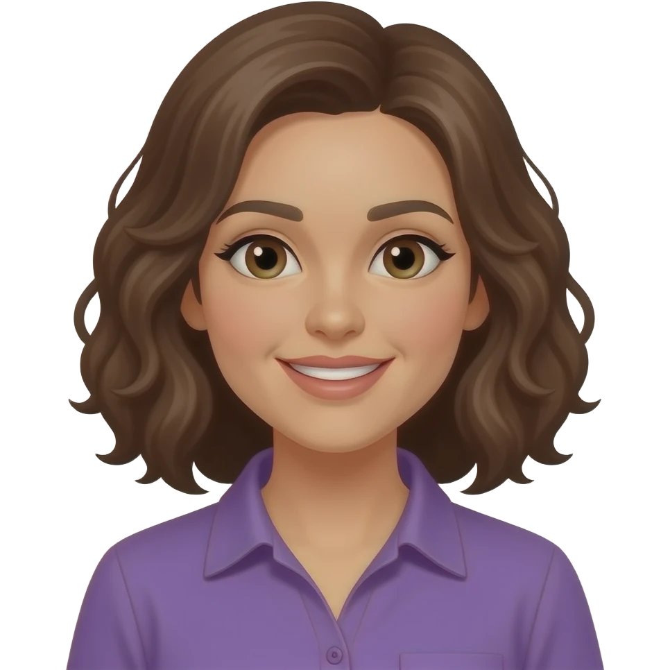 Brown shoulder length curly hair  female purple shirt special education teacher emoji