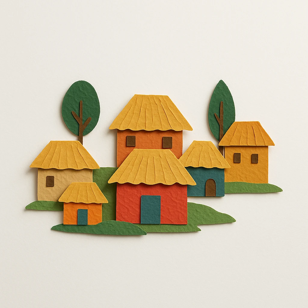 a rustic village with thatched roofs, paper craft style emoji