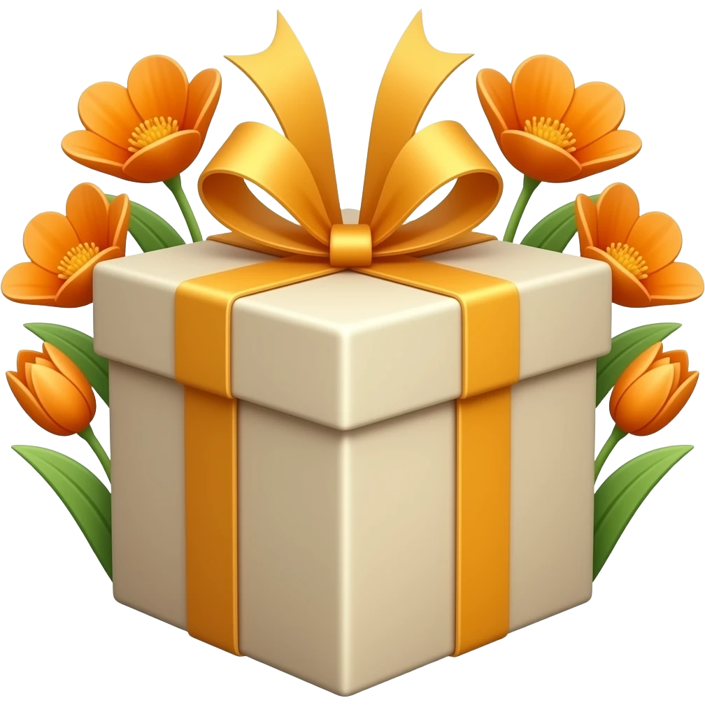 square gift box, no lid, spring orange flowers with green leaves protruding, flat style, soft shapes, emoji-like emoji