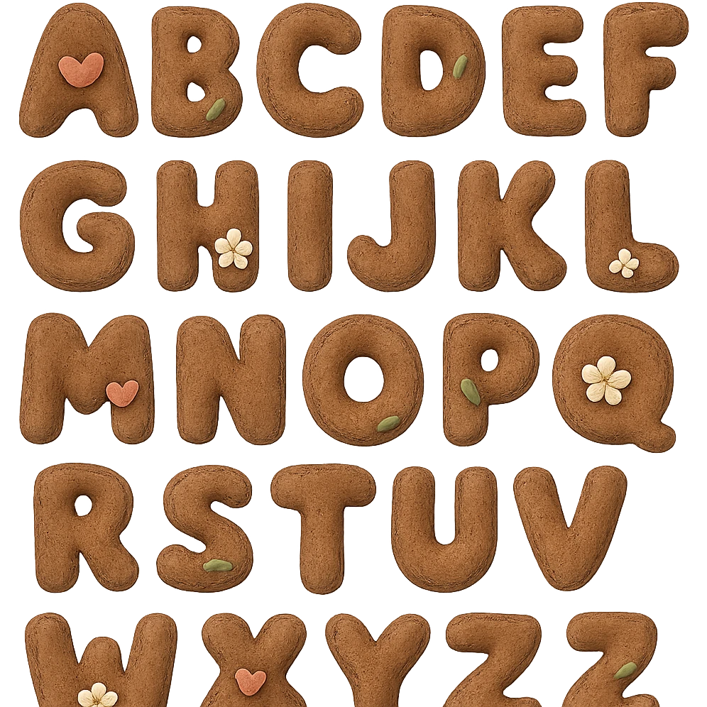 brown plush English alphabet, letters with appliqué details, soft texture emoji