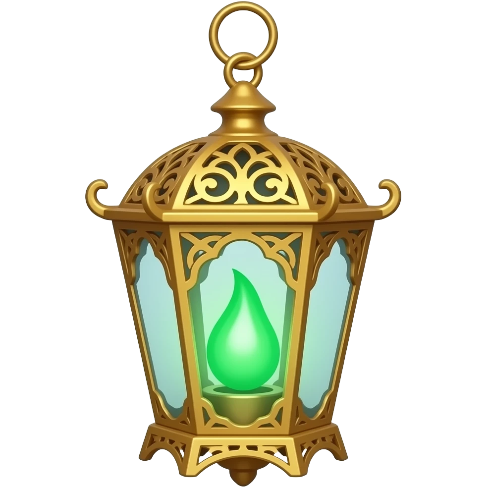 A golden hanging lantern with a bright emerald green flame, no wire or chain, fae filigree worked into the design, but simple emoji
