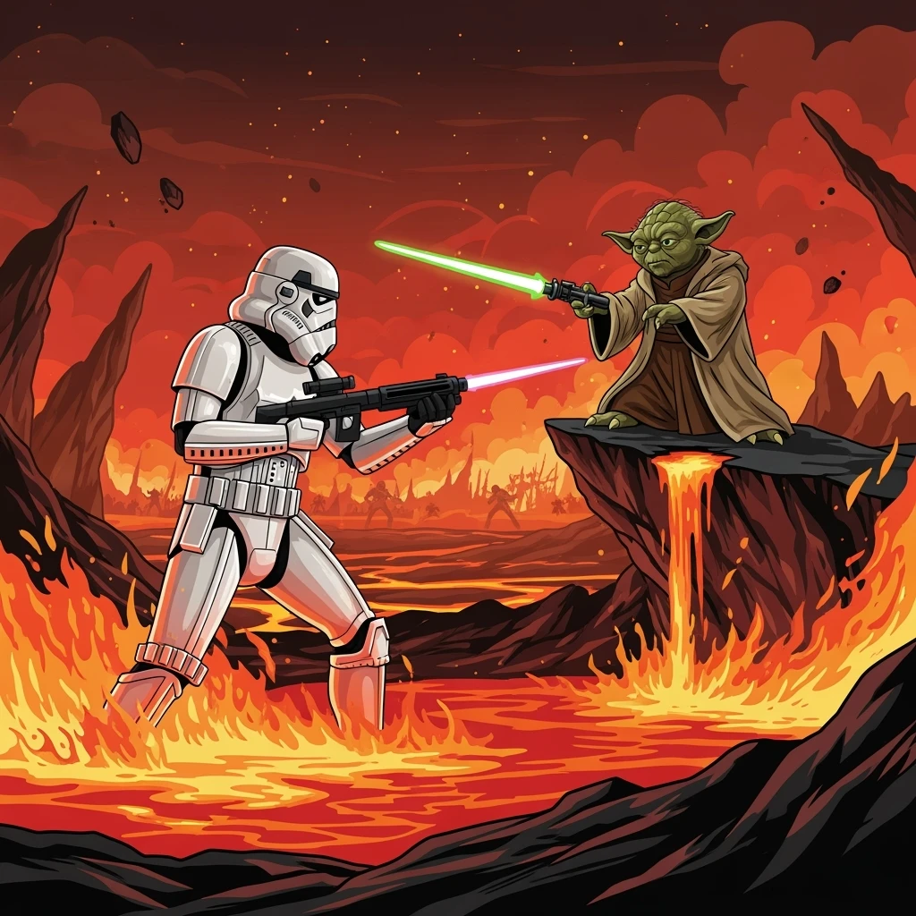 vector art of a Starwars stormtroopers is walking on lava planet with yoda, battleground background 
 emoji