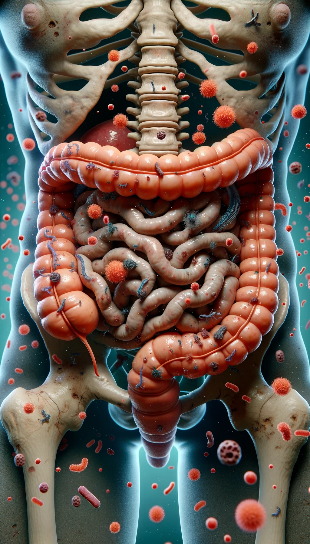 intestino umano realistico con batteri e parassiti che gli fluttuano intorno, iperrealistico 4k emoji